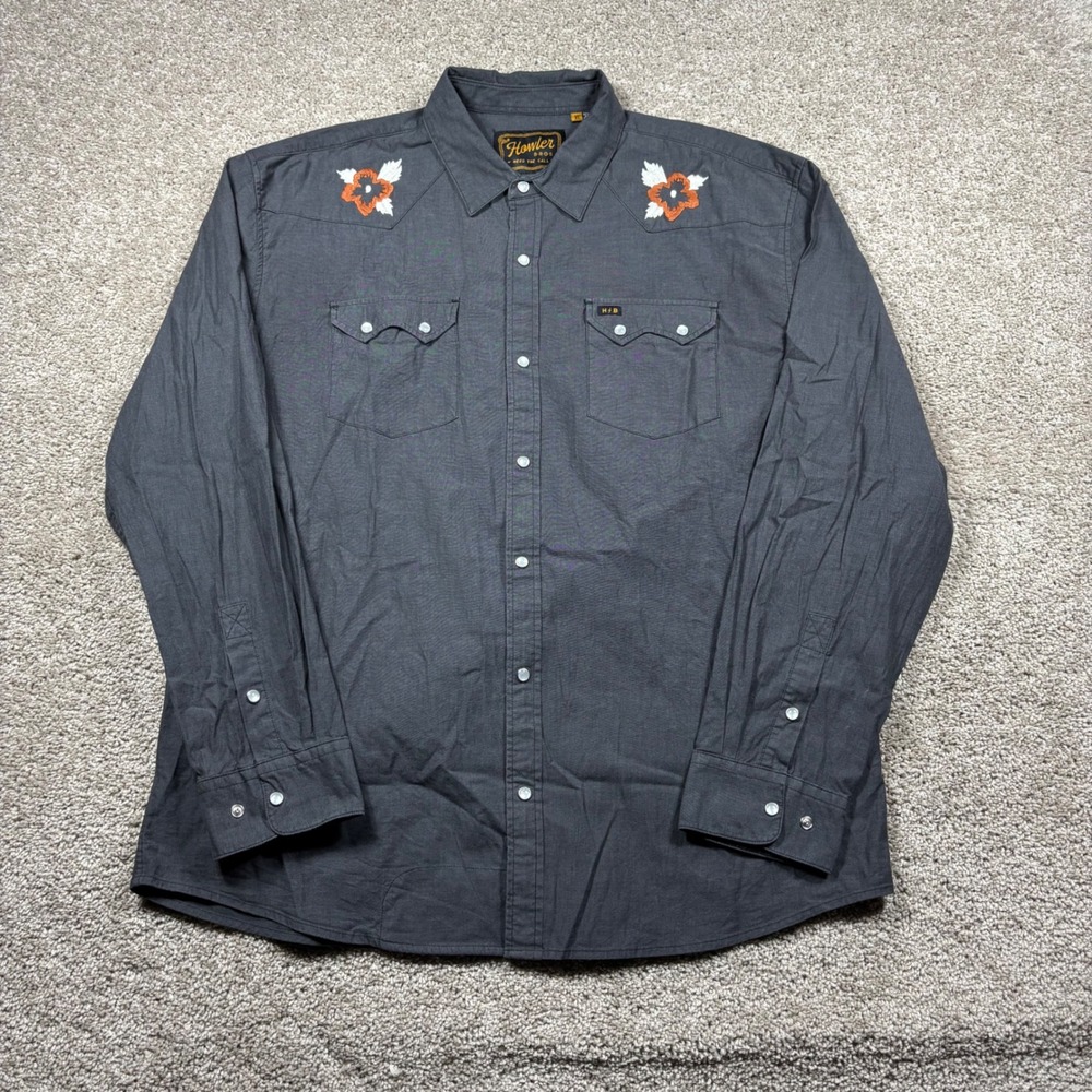 Howler Brothers Gaucho Mens XL Gray Embroidered Western Pearl Snap Shirt